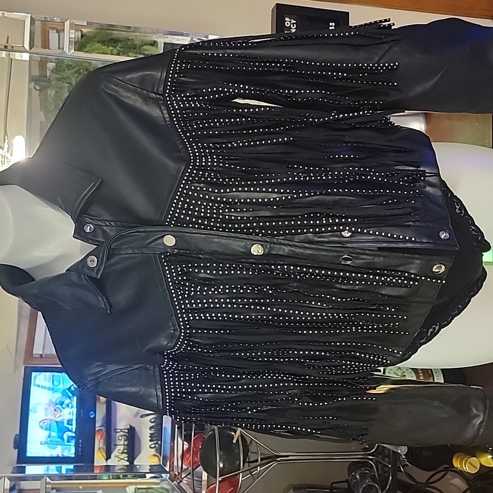 Eesome Black Leather Jacket with Fringe and Studs